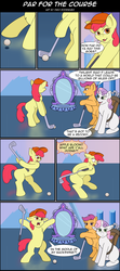 Size: 1280x2880 | Tagged: safe, artist:thedigodragon, apple bloom, scootaloo, sweetie belle, earth pony, pegasus, pony, unicorn, g4, bipedal, blank flank, chest fluff, comic, cutie mark crusaders, golf, hat, magic mirror, mirror, stargate, stargate sg1