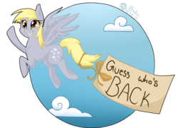 Size: 712x512 | Tagged: safe, artist:shadowstar-12, derpy hooves, pegasus, pony, g4, banner, cloud, cloudy, female, mare, solo, the grey one's glorious return