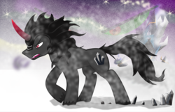 Size: 2160x1389 | Tagged: safe, artist:shwiggityshwah, king sombra, g4, colored horn, crystal, curved horn, dark crystal, dark crystal castle, frozen north, glowing eyes, horn, male, snow, snowfall, solo, sombra eyes, sombra horn, sombra's cutie mark