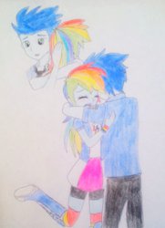 Size: 1024x1412 | Tagged: safe, artist:little-miss-oshawott, rainbow dash, soarin', equestria girls, g4, crying, female, hug, humanized, male, ship:soarindash, shipping, straight, traditional art