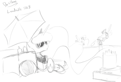 Size: 1280x871 | Tagged: safe, artist:darkflame75, princess luna, lunadoodle, g4, beach, monochrome, sunglasses