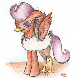 Size: 790x839 | Tagged: dead source, safe, artist:nika191319, scootaloo, chicken, g4, female, meme, scootachicken, solo, traditional art