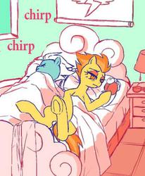 Size: 400x486 | Tagged: dead source, safe, artist:semi-kon, fleetfoot, spitfire, pegasus, pony, g4, alarm clock, bed, blanket, female, fleetfire, hangover, lamp, lesbian, lying down, morning after, on back, on side, pillow, shipping, tired, underhoof, wavy mouth