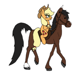 Size: 1024x959 | Tagged: safe, artist:dragon-flash, applejack, earth pony, horse, pony, g4, bridle, female, horse-pony interaction, mare, ponies riding horses, reins, riding, saddle, simple background, transparent background