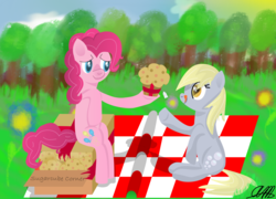 Size: 1000x720 | Tagged: safe, artist:serenawatchmen, derpy hooves, pinkie pie, pegasus, pony, g4, female, mare, muffin, picnic, present