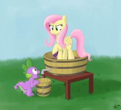 Size: 1970x1785 | Tagged: safe, artist:schnitzellover, fluttershy, spike, g4, grape juice, unamused