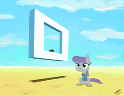 Size: 1280x989 | Tagged: safe, artist:loreto-arts, boulder (g4), maud pie, g4, female, field, floating, frown, grass, shadow, sitting, sky, solo, surreal