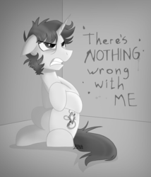 Size: 3000x3500 | Tagged: safe, artist:thevixvix, oc, oc only, oc:wild, pony, unicorn, angry, hate, high res, male, monochrome, solo