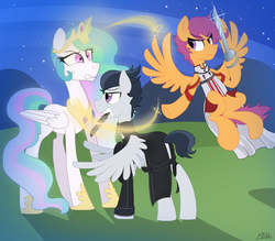 Size: 2000x1750 | Tagged: safe, artist:thevixvix, princess celestia, rumble, scootaloo, alicorn, pony, g4, clothes, fight, gritted teeth, magic, mouth hold, ponies wearing black, spread wings, sword, sword art online, weapon, wide eyes