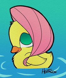 Size: 739x880 | Tagged: safe, artist:hentagon, fluttershy, duck, g4, cute, duckling, female, fluffy, flutterduck, shyabetes, smiling, solo, species swap, water