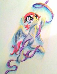 Size: 1024x1339 | Tagged: safe, artist:dynamiclines, oc, oc only, pegasus, pony, flying, smiling, solo, spread wings, traditional art