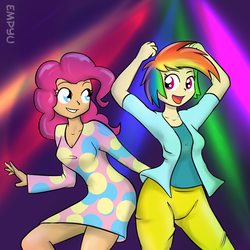 Size: 1000x1000 | Tagged: safe, artist:empyu, pinkie pie, rainbow dash, human, g4, clothes, dancing, disco, dress, duo, humanized, smiling