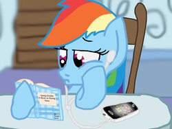 Size: 786x590 | Tagged: safe, artist:biosonic100, rainbow dash, g4, book, earbuds, female, ipod, reading, solo