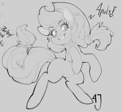 Size: 1126x1038 | Tagged: safe, artist:hallogreen, applejack, g4, appul, female, grayscale, implied pinkie pie, monochrome, rearing, solo, that pony sure does love apples