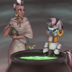 Size: 1024x1024 | Tagged: safe, artist:missangest, zecora, human, zebra, g4, abstract background, african, bag, cauldron, cloak, clothes, dark skin, human ponidox, humanized, leaves, mohawk, mouth hold, potion