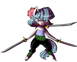 Size: 1280x1045 | Tagged: safe, artist:fauxsquared, coco pommel, g4, crossover, female, one piece, roronoa zoro, simple background, solo, sword, transparent background, weapon