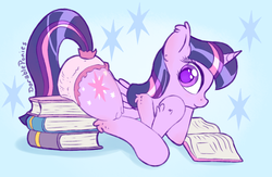 Size: 1116x728 | Tagged: safe, artist:dorableponies, twilight sparkle, alicorn, pony, g4, abstract background, ageplay, book, butt, colored pupils, cute, diaper, female, fluffy, horn, leaning, looking at you, looking back, mare, non-baby in diaper, plot, sitting, smiling, solo, twiabetes, twilight sparkle (alicorn), wings