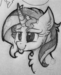 Size: 602x748 | Tagged: safe, artist:shyshyoctavia, sunset shimmer, pony, unicorn, g4, female, monochrome, pencil drawing, solo, tongue out, traditional art