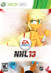 Size: 765x1079 | Tagged: safe, artist:mysteriouskaos, artist:xenon, applejack, earth pony, pony, g4, 360, bipedal, box art, chest fluff, cover, e10+ rating, ea sports, esrb, female, game, hockey, ice skates, nhl, parody, solo, xbox, xbox 360