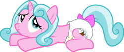 Size: 1157x486 | Tagged: safe, artist:cupcakescankill, oc, oc only, oc:cupcake, pony, unicorn, bow, diaper, horn, lying down, non-baby in diaper, prone, simple background, solo, tail, tail bow, transparent background, unicorn oc