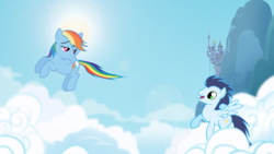 Size: 1191x670 | Tagged: safe, artist:dlazerous, rainbow dash, soarin', g4, cloud, cloudy, female, male, old cutie mark, ship:soarindash, shipping, straight