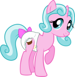 Size: 1397x1450 | Tagged: safe, artist:cupcakescankill, oc, oc only, oc:cupcake, pony, unicorn, bow, diaper, horn, non-baby in diaper, raised hoof, simple background, smiling, solo, tail, tail bow, transparent background, unicorn oc