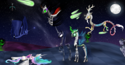 Size: 7992x4200 | Tagged: dead source, safe, artist:freyiejj, discord, king sombra, nightmare moon, princess cadance, princess celestia, princess luna, queen chrysalis, alicorn, changeling, changeling queen, draconequus, unicorn, g4, absurd resolution, armor, glowing, glowing horn, horn, magic