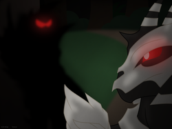 Size: 1162x867 | Tagged: safe, artist:faith-wolff, kaiju, fanfic:the bridge, crossover, fanfic art, gigan, godzilla (series), monster x, ponyville, red eyes, red eyes take warning, silhouette