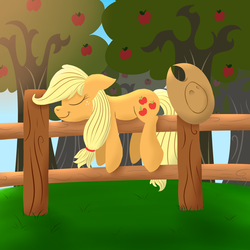 Size: 1600x1600 | Tagged: safe, artist:notenoughapples, applejack, earth pony, pony, g4, female, fence, silly, silly pony, sleeping, solo