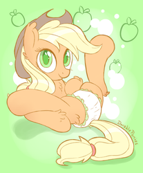 Size: 1000x1205 | Tagged: safe, artist:dorableponies, applejack, earth pony, pony, g4, ageplay, chest fluff, colored pupils, cute, diaper, female, looking at you, mare, non-baby in diaper, on back, solo