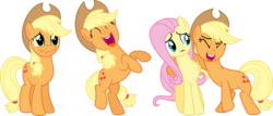 Size: 12126x5170 | Tagged: safe, artist:v0jelly, applejack, fluttershy, earth pony, pegasus, pony, g4, simple ways, absurd resolution, applejack audience, bipedal, hilarious in hindsight, jackletree, laughing, multeity, simple background, svg, transparent background, triality, vector
