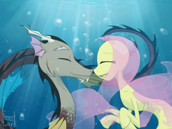 Size: 1885x1417 | Tagged: safe, artist:forest-lark, discord, fluttershy, g4, female, male, ship:discoshy, shipping, species swap, straight, underwater