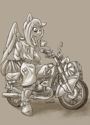 Size: 500x689 | Tagged: safe, artist:pseudosharp, angel bunny, fluttershy, anthro, unguligrade anthro, g4, bags, boots, female, grayscale, monochrome, motorcycle, solo