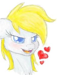 Size: 402x533 | Tagged: safe, artist:whazzam95, oc, oc only, oc:aryanne, pony, aroused, bedroom eyes, blonde, blushing, face, female, floppy ears, fluffy, heart, open mouth, portrait, smiling, solo