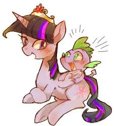 Size: 372x412 | Tagged: dead source, safe, artist:chi-hayu, spike, twilight sparkle, alicorn, pony, g4, big crown thingy, blushing, female, jewelry, mare, regalia, simple background, twilight sparkle (alicorn)