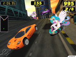 Size: 2222x1667 | Tagged: safe, princess celestia, sweetie belle, g4, car, kart, mclaren, mclaren f1, racing, rush, rush 2049