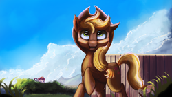 Size: 3840x2160 | Tagged: safe, artist:hierozaki, applejack, oc, oc:ponkey, g4, grin, high res, looking up, raised hoof, smiling, soon, watching