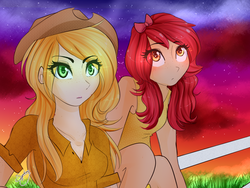 Size: 1600x1200 | Tagged: safe, artist:sugarberry, apple bloom, applejack, human, g4, colored pupils, duo, glowing eyes, humanized