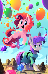 Size: 1280x1962 | Tagged: safe, artist:karzahnii, maud pie, pinkie pie, earth pony, pony, g4, balloon, clothes, dress, duo, duo female, female, happy, mare, open mouth, open smile, pie sisters, rock candy necklace, siblings, sisters, smiling