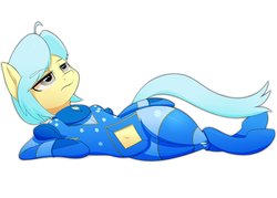 Size: 3000x2142 | Tagged: safe, artist:khorme, oc, oc only, oc:ultramare, earth pony, pony, belly button, bodysuit, high res, latex, navel cutout, on side, shiny, solo