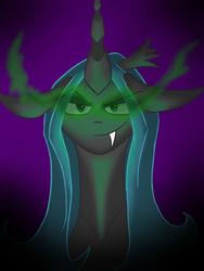 Size: 900x1200 | Tagged: safe, artist:cristalshy, queen chrysalis, changeling, changeling queen, g4, crown, female, glowing eyes, jewelry, looking at you, magic, regalia, smiling, solo