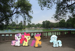 Size: 2244x1518 | Tagged: safe, artist:reaver75, apple bloom, scootaloo, sweetie belle, oc, oc:snowdrop, g4, chapultepec, cutie mark crusaders, irl, mexico, mexico city, photo, ponies in real life, rearing, vector