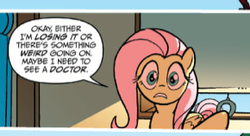 Size: 290x158 | Tagged: source needed, safe, artist:tony fleecs, idw, fluttershy, friends forever #5, g4, my little pony: friends forever, official, spoiler:comic, caption, comic, female, frown, gritted teeth, insanity, reaction image, solo, wide eyes