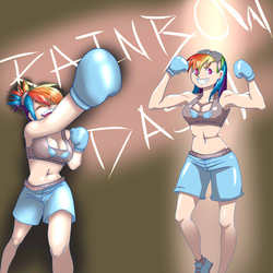 Size: 1024x1024 | Tagged: dead source, safe, artist:cutelaughter, rainbow dash, human, g4, abs, boxing, boxing gloves, boxing shorts, breasts, cleavage, clothes, female, fit, flexing, goggles, grin, humanized, midriff, muscles, punch, slender, solo, sports bra, sports shorts, thin, trunks