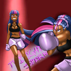 Size: 1024x1024 | Tagged: safe, artist:cutelaughter, twilight sparkle, human, g4, alternate hairstyle, boxing, boxing gloves, clothes, dark skin, female, fit, humanized, midriff, ponytail, punch, slender, solo, sports bra, thin, trunks
