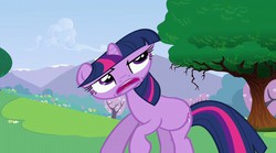 Size: 720x400 | Tagged: safe, screencap, twilight sparkle, pony, unicorn, a canterlot wedding, g4, season 2, cloud, faic, female, grass, grass field, great moments in animation, horn, mare, open mouth, smear frame, solo, teeth, tree, unicorn twilight