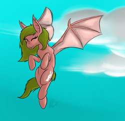 Size: 800x773 | Tagged: safe, artist:bingodingo, oc, oc only, oc:deviana, bat pony, pony, cloud, cloudy, flying, solo