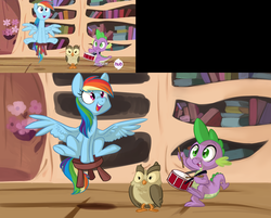 Size: 1278x1030 | Tagged: safe, artist:php27, screencap, owlowiscious, rainbow dash, spike, bird, dragon, owl, pegasus, pony, g4, testing testing 1-2-3, drums, happy, mlpgdraws, musical instrument, open mouth, scene interpretation, screencap reference, stool, stooldash