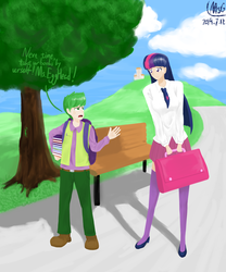 Size: 1500x1800 | Tagged: safe, artist:msg, spike, twilight sparkle, human, g4, engrish, humanized, pixiv