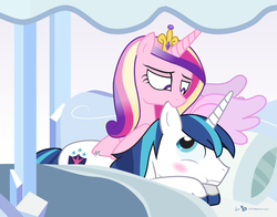 Size: 1050x825 | Tagged: safe, artist:dm29, princess cadance, shining armor, g4, bed, bedroom eyes, biting, blushing, ear bite, female, male, morning, nom, pillow, ship:shiningcadance, shipping, spread wings, straight